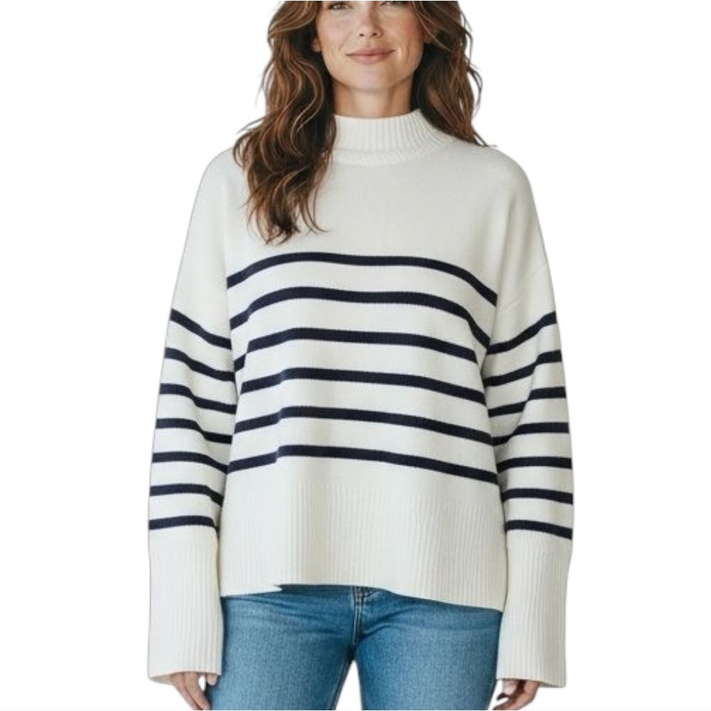 Grace Karma Womens Striped Mock Neck Sweater Pullover Cream Blue Large Nautical